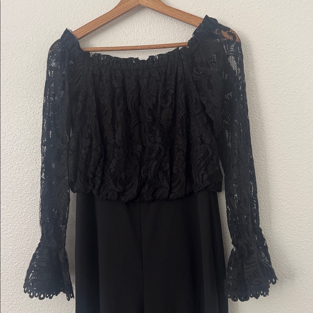 Adrianna Papell Off the Shoulder Lace Sleeve Jumpsuit Black Size 4 Formal Event - Picture 4 of 9